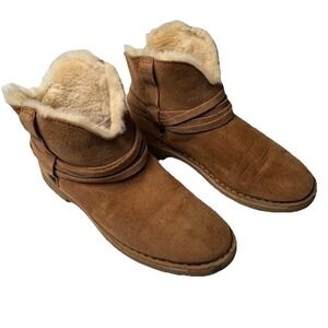 Ugg Pasqual Brown Suede Ankle Boots Sz 7 Women's Faux Fur Lined‎ Slip On Shoes
